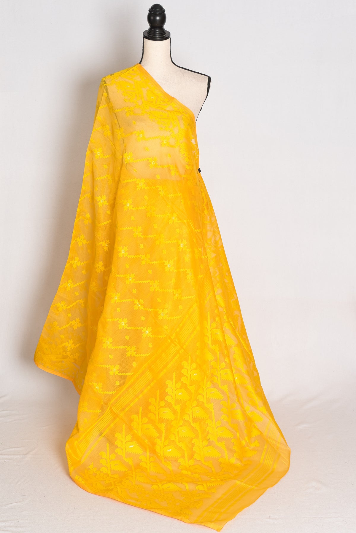 Juhi : Bright Yellow Soft Blended Cotton Jamdani Saree image 1