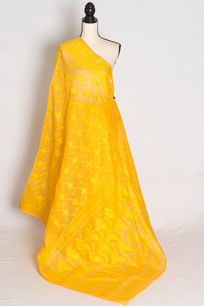 Juhi : Bright Yellow Soft Blended Cotton Jamdani Saree image 1