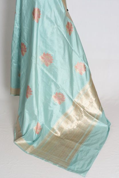 Sitara: Powder Blue Banarasi Silk Saree with 42 Stitched Blouse image 4