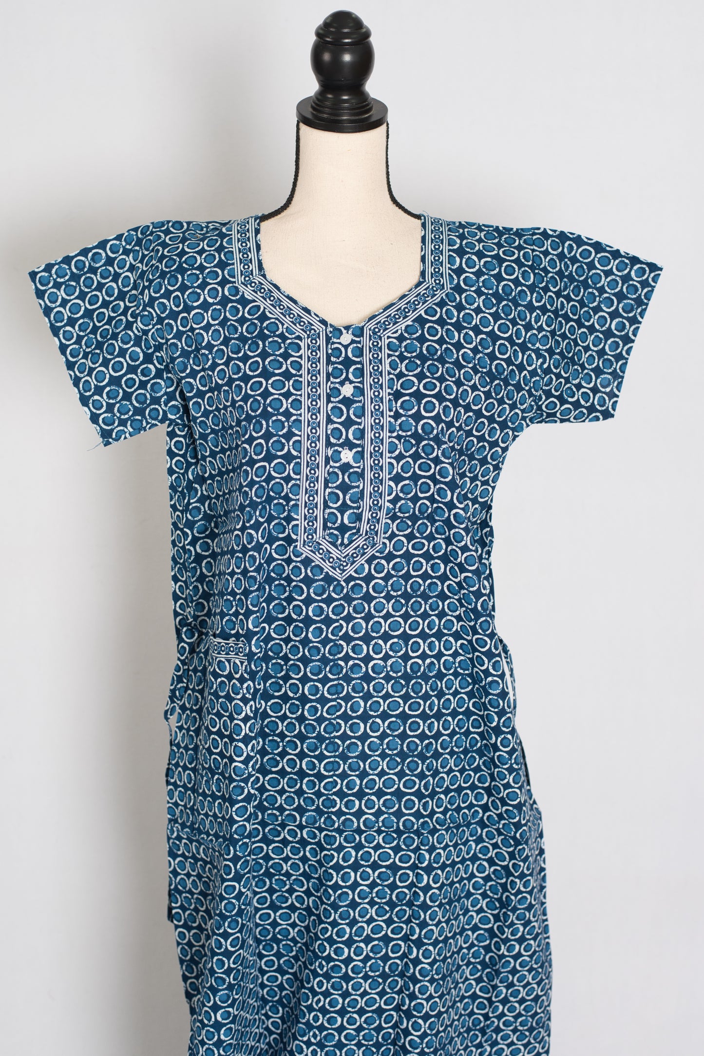 Indigo Blue Geometric Circle Print Pure Cotton Long Indian Nightgown image 0