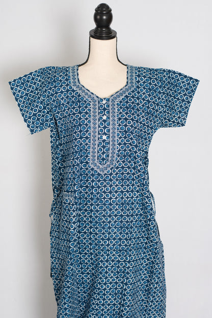 Indigo Blue Geometric Circle Print Pure Cotton Long Indian Nightgown image 0
