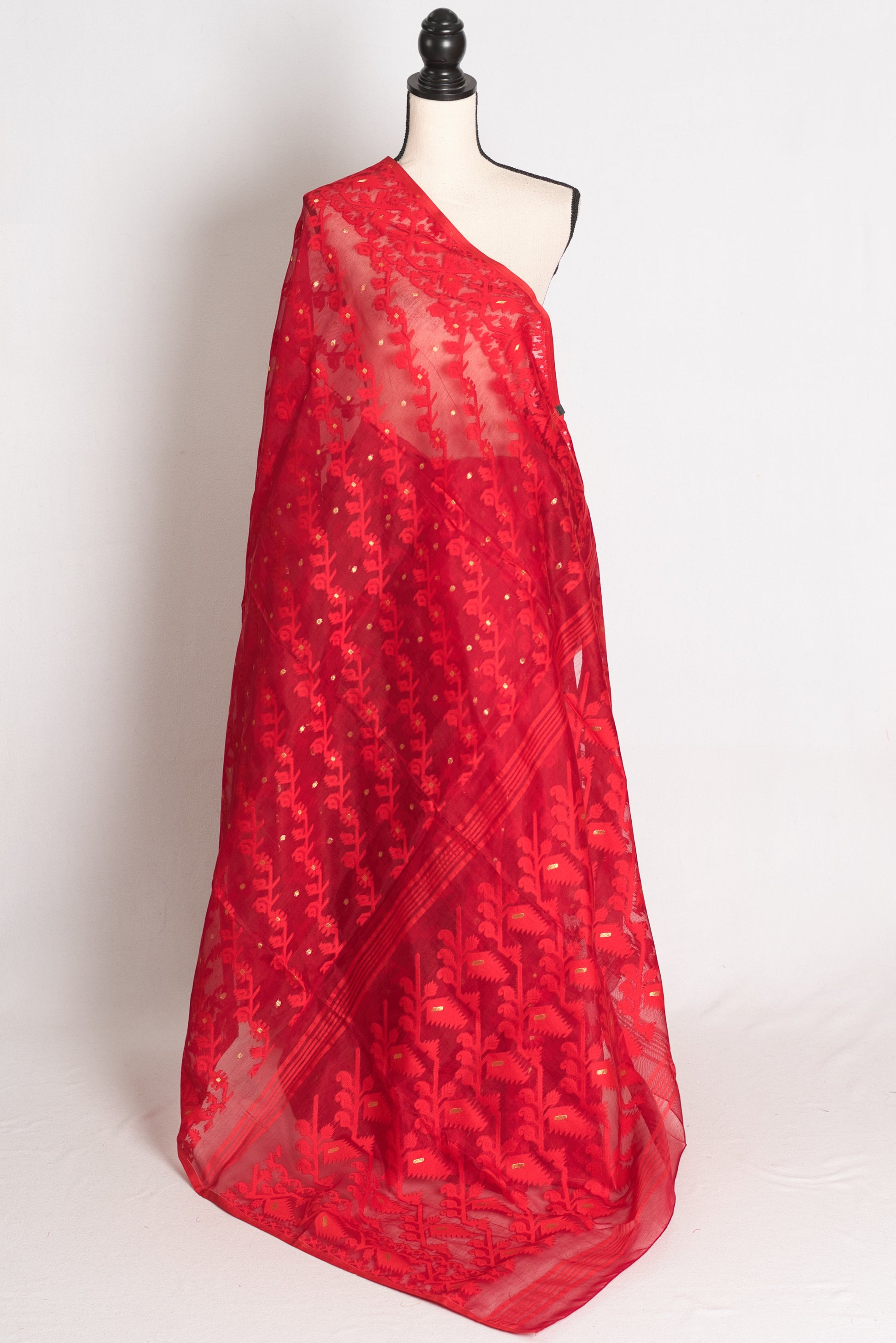 Ishq : Crimson Red and Gold Soft Blended Cotton Bengali Jamdani Saree image 1