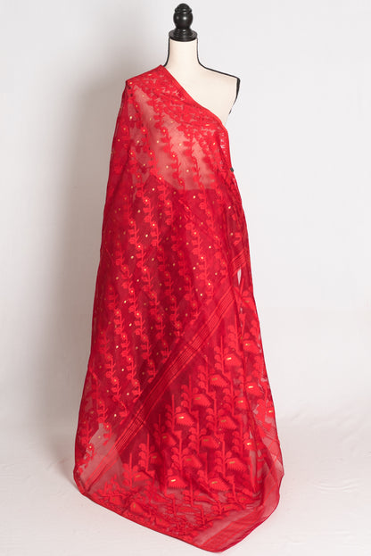 Ishq : Crimson Red and Gold Soft Blended Cotton Bengali Jamdani Saree image 1