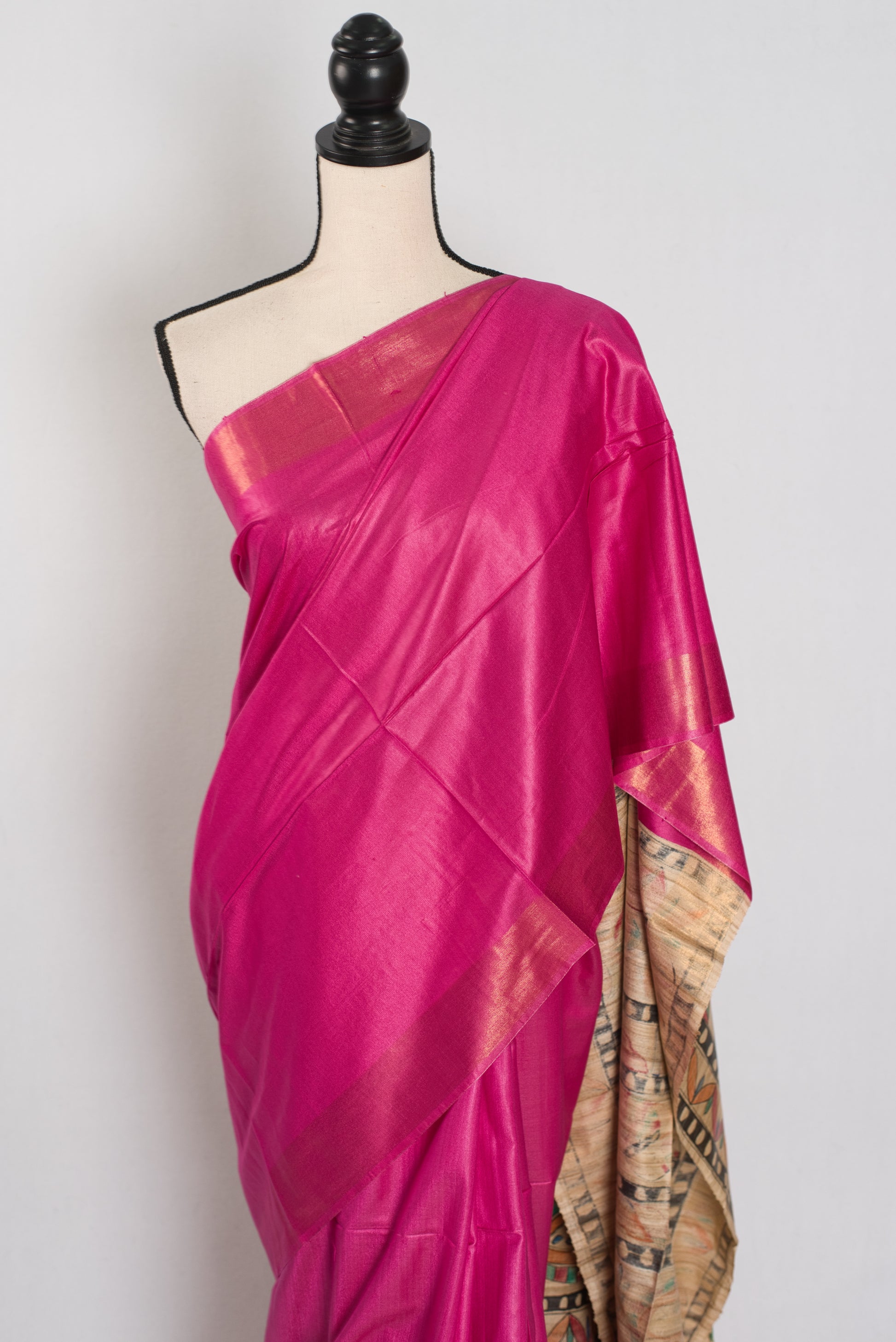Tithi: Rani Pink Staple Tussar Saree | Hand-Painted Madhubani Pallu image 6