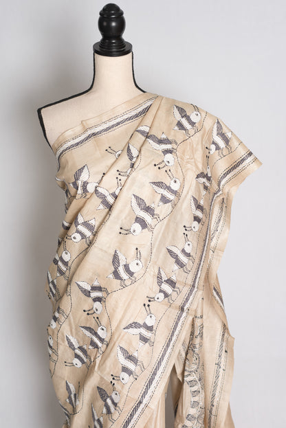 Bhromor: Hand-Embroidered Kantha Stitch Gachi Tussar Silk Saree image 2