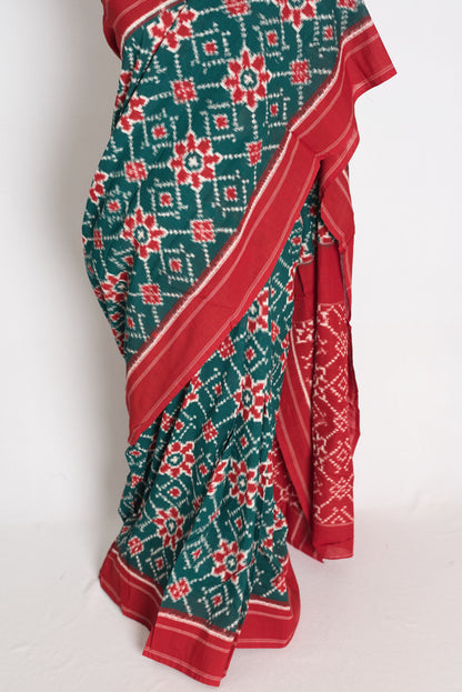 Jui : Bottle Green & Red Telia Rumal Pochampally Double Ikat Pure Cotton Saree image 5