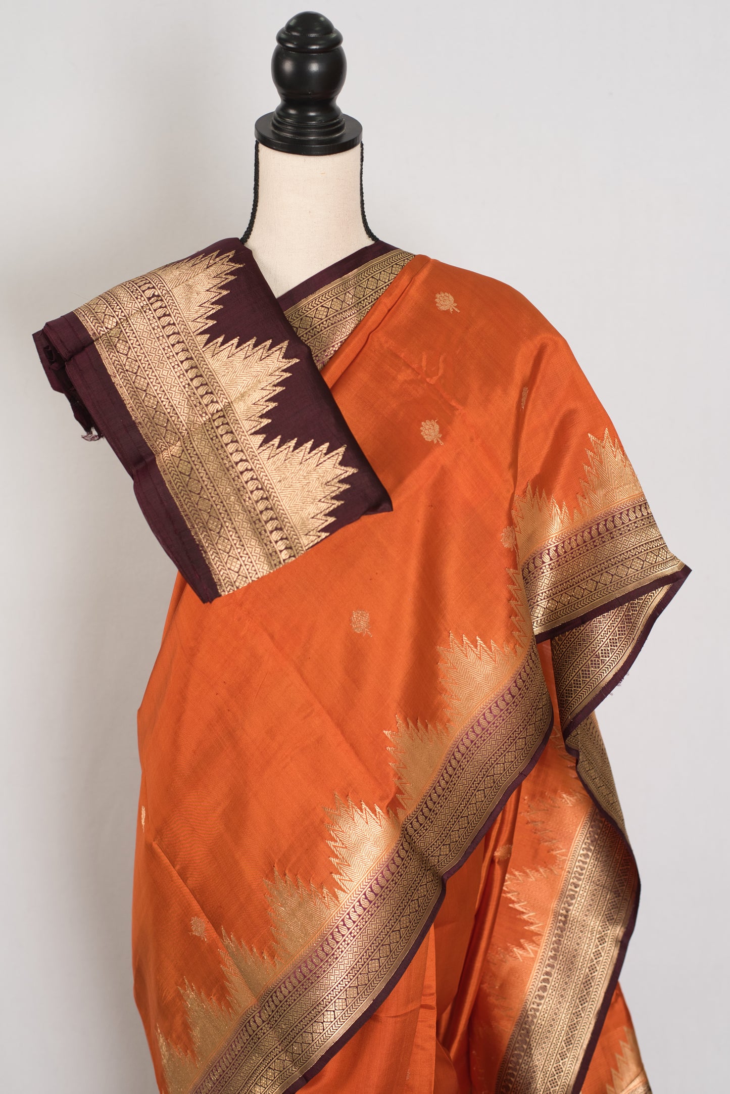 Bina: Rust Orange Pure Silk Banarasi Saree with Temple Border image 2
