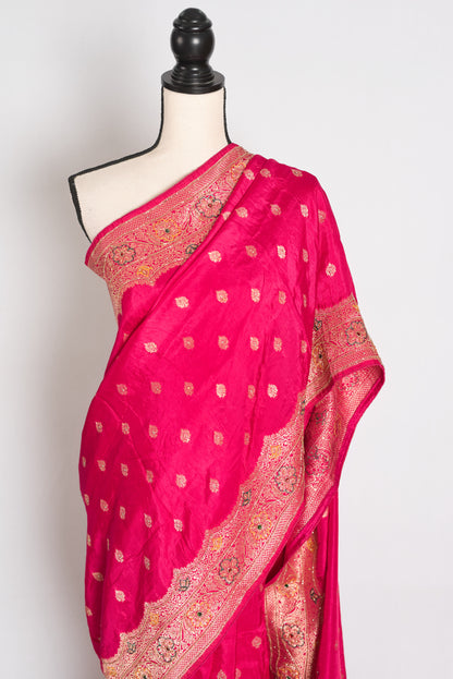 Afrin Pink and Gold Hand Embroidered Banarasi Saree with 36 Size Stitched Blouse image 7