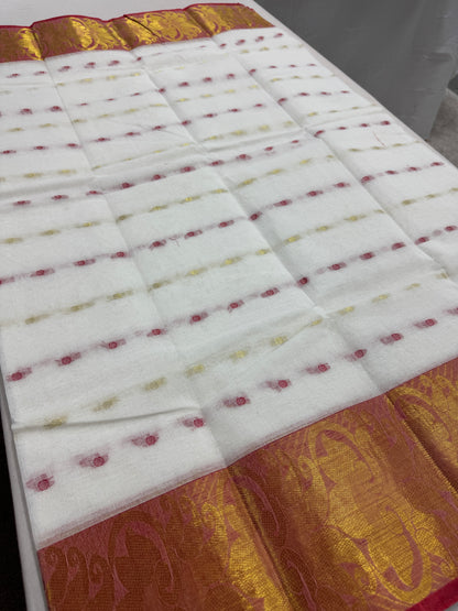 White and Red Tant saree — border detail