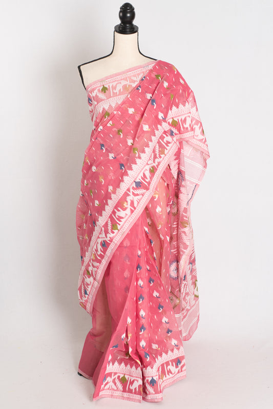 Sreya : Pink and White Blended Soft Cotton Jamdani Bengali Saree image 0