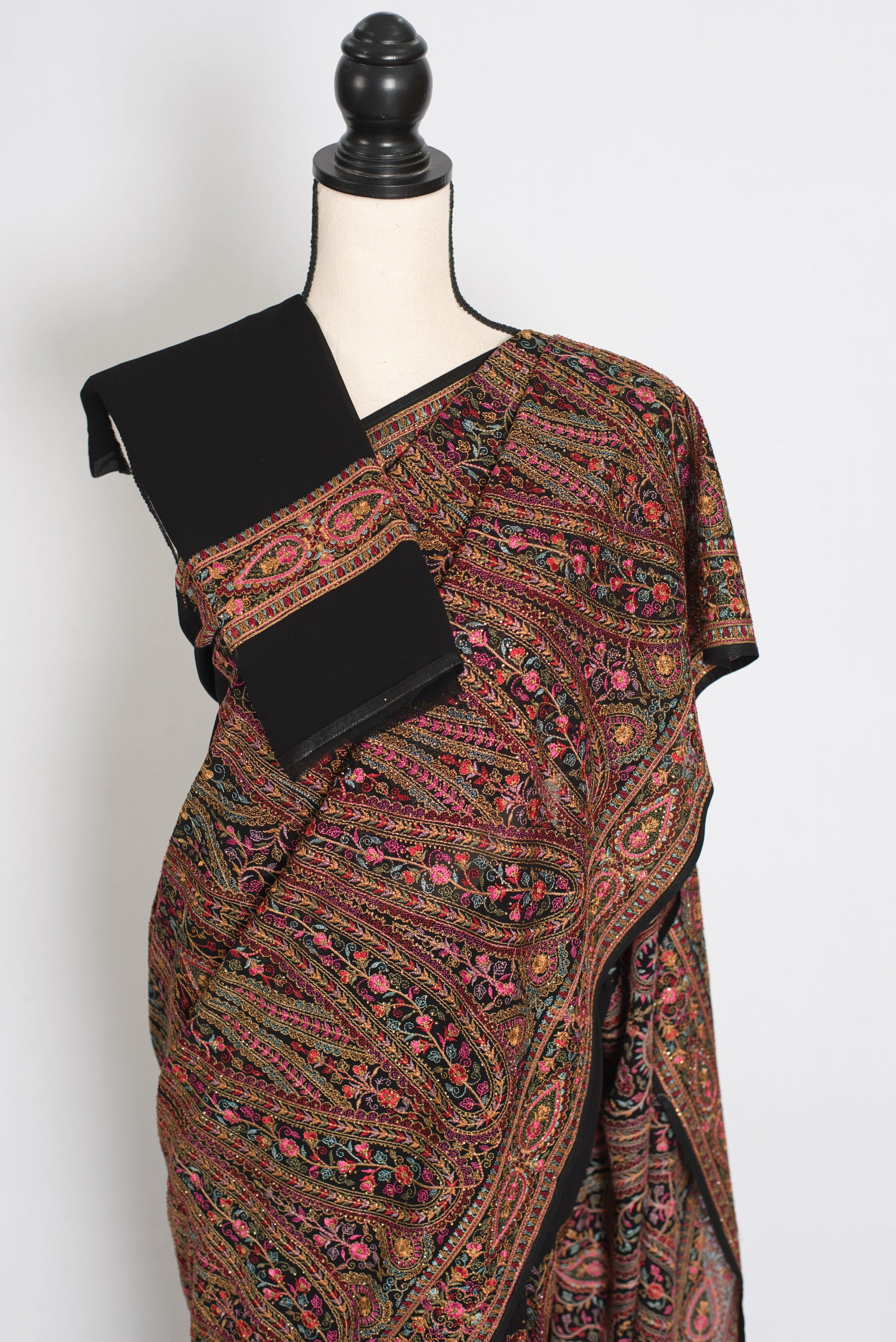 Pritha | Black Georgette Saree | All-Over Intricate Kashmiri Embroidery Jaal image 2