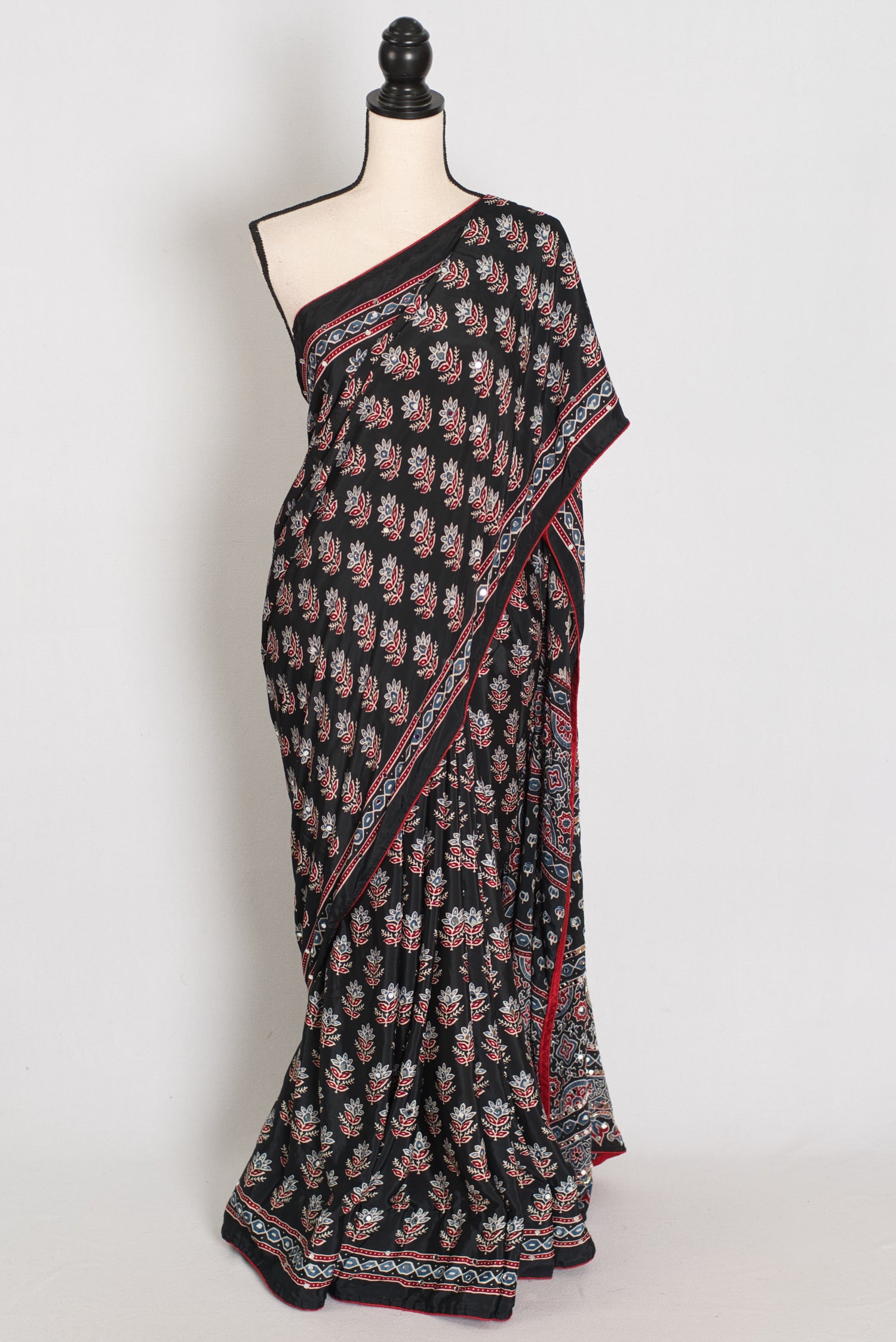 Afrin | Black Ajrakh Printed Saree | Mirror Work Semi Modal Silk image 0
