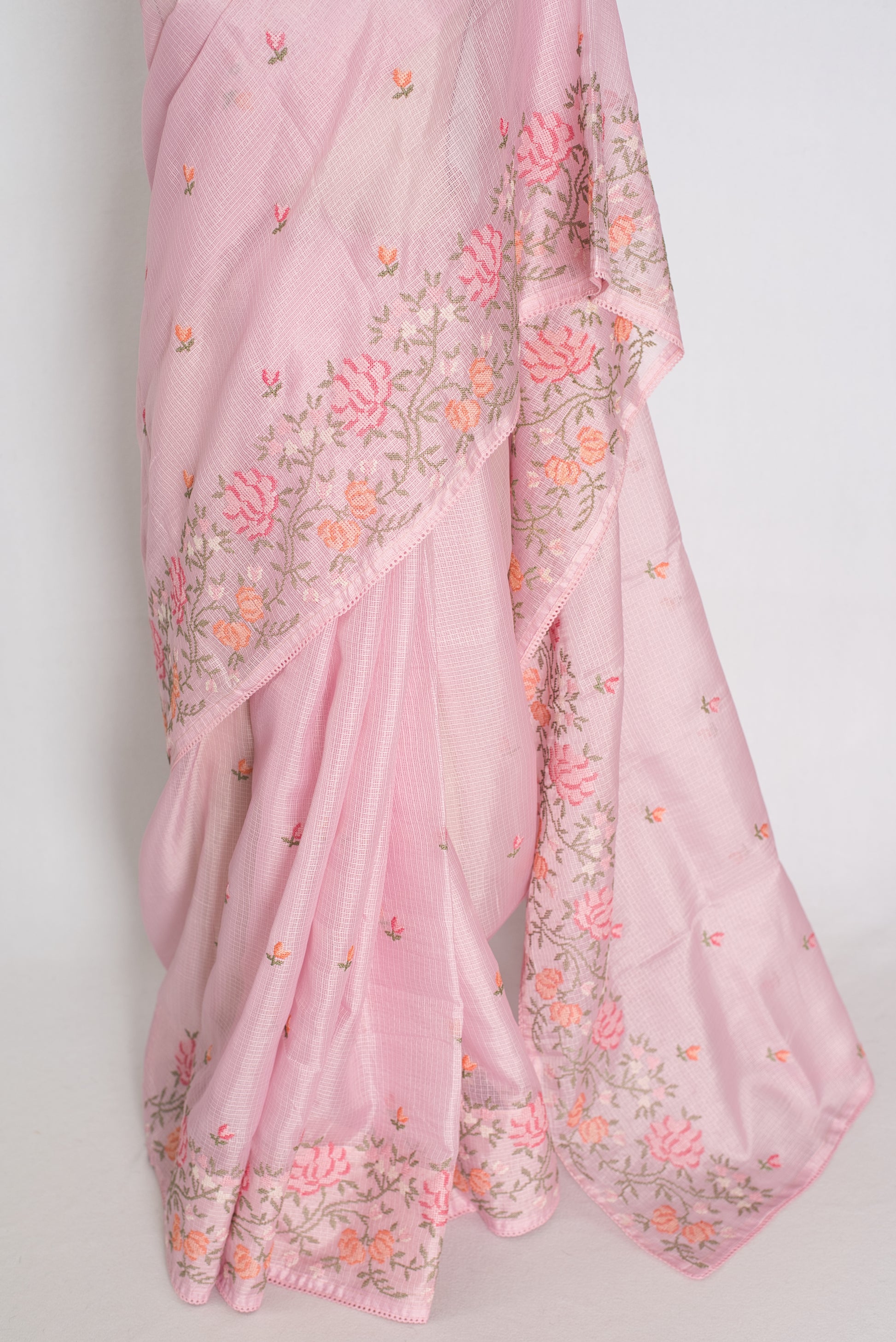Priya | Baby Pink Blended Kota Silk Saree | Floral Cross Stitch Embroidery image 6
