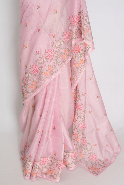 Priya | Baby Pink Blended Kota Silk Saree | Floral Cross Stitch Embroidery image 6