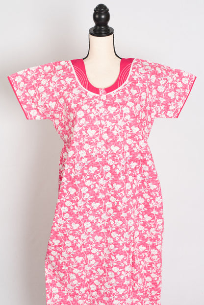 Floral Printed Pink Women Indian Cotton Nighty in Regular Size image 0