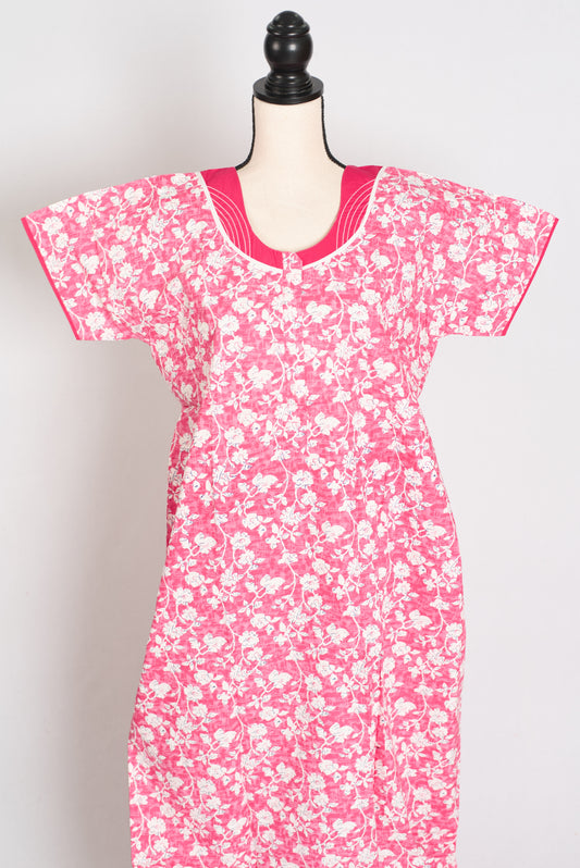 Floral Printed Pink Women Indian Cotton Nighty in Regular Size image 0