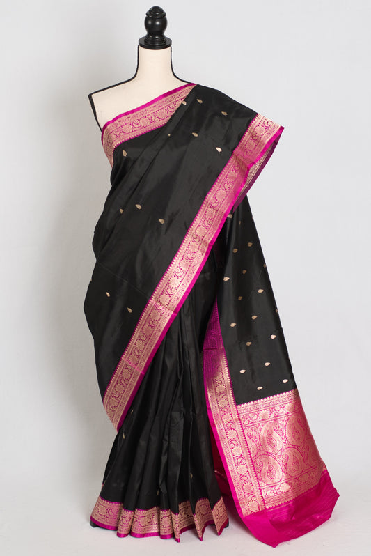 Brahamar : Silk Mark Certified Katan Banarasi Saree in Black and Magenta image 0