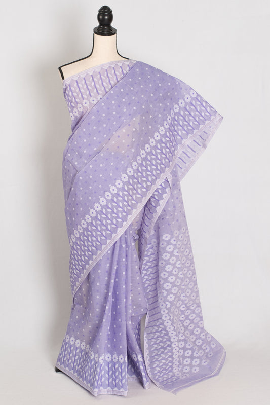 Maya: Mauve and White Pure Cotton Jamdani Saree with Polka Dots image 0