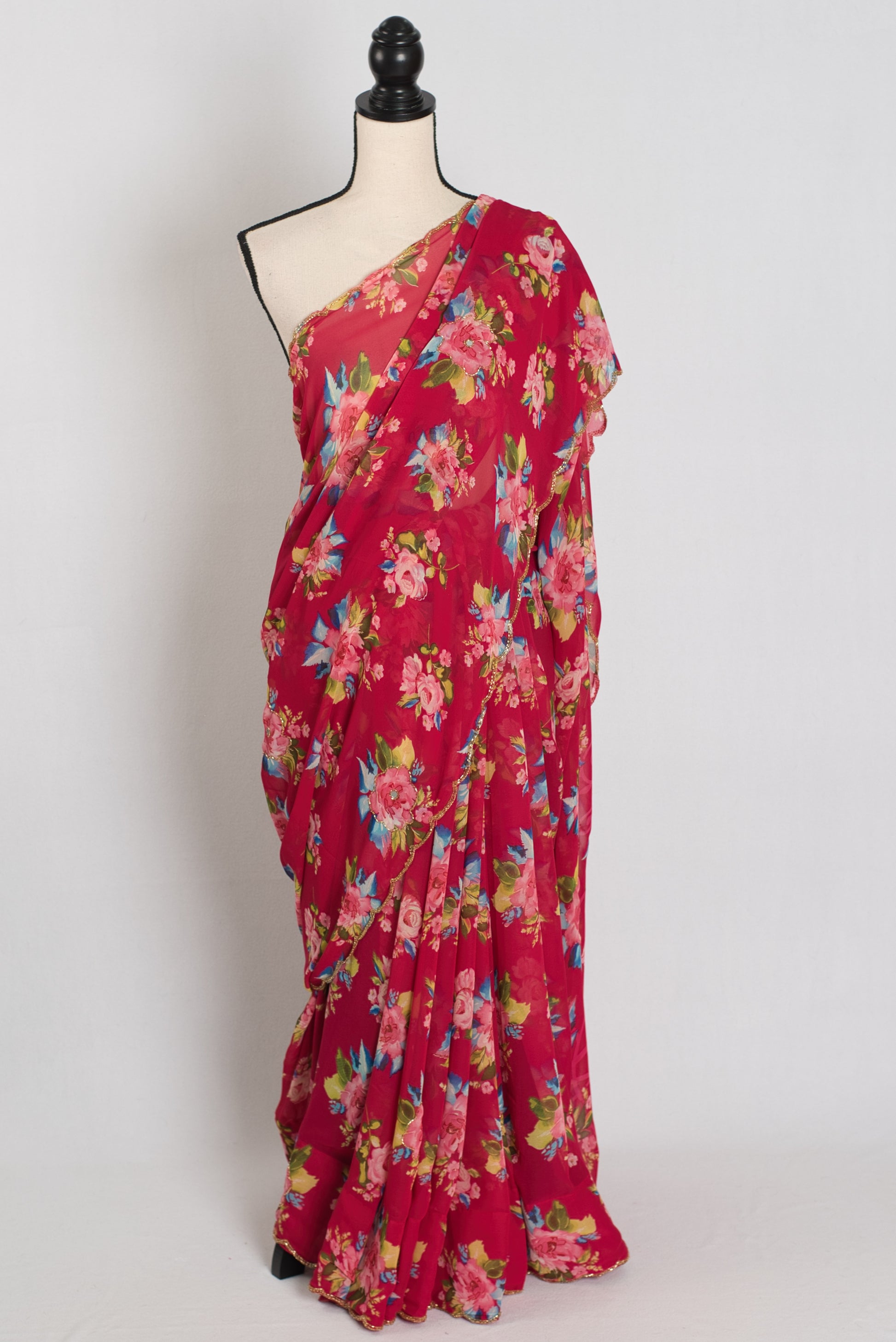 Indra : Dark Pink Floral Georgette Embroidery Designer Saree image 0