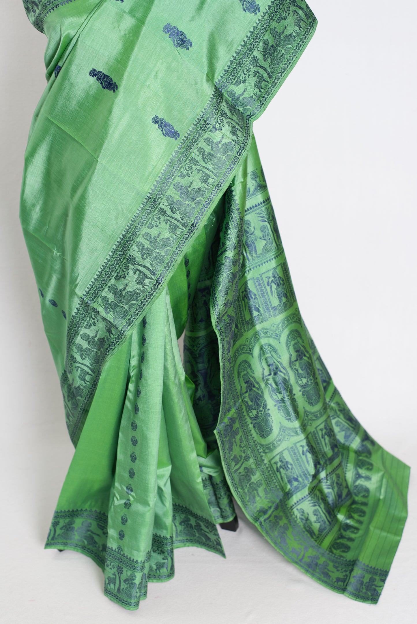 Sriti : Traditional Baluchari Silk Saree from Bengal in Sage Green image 5