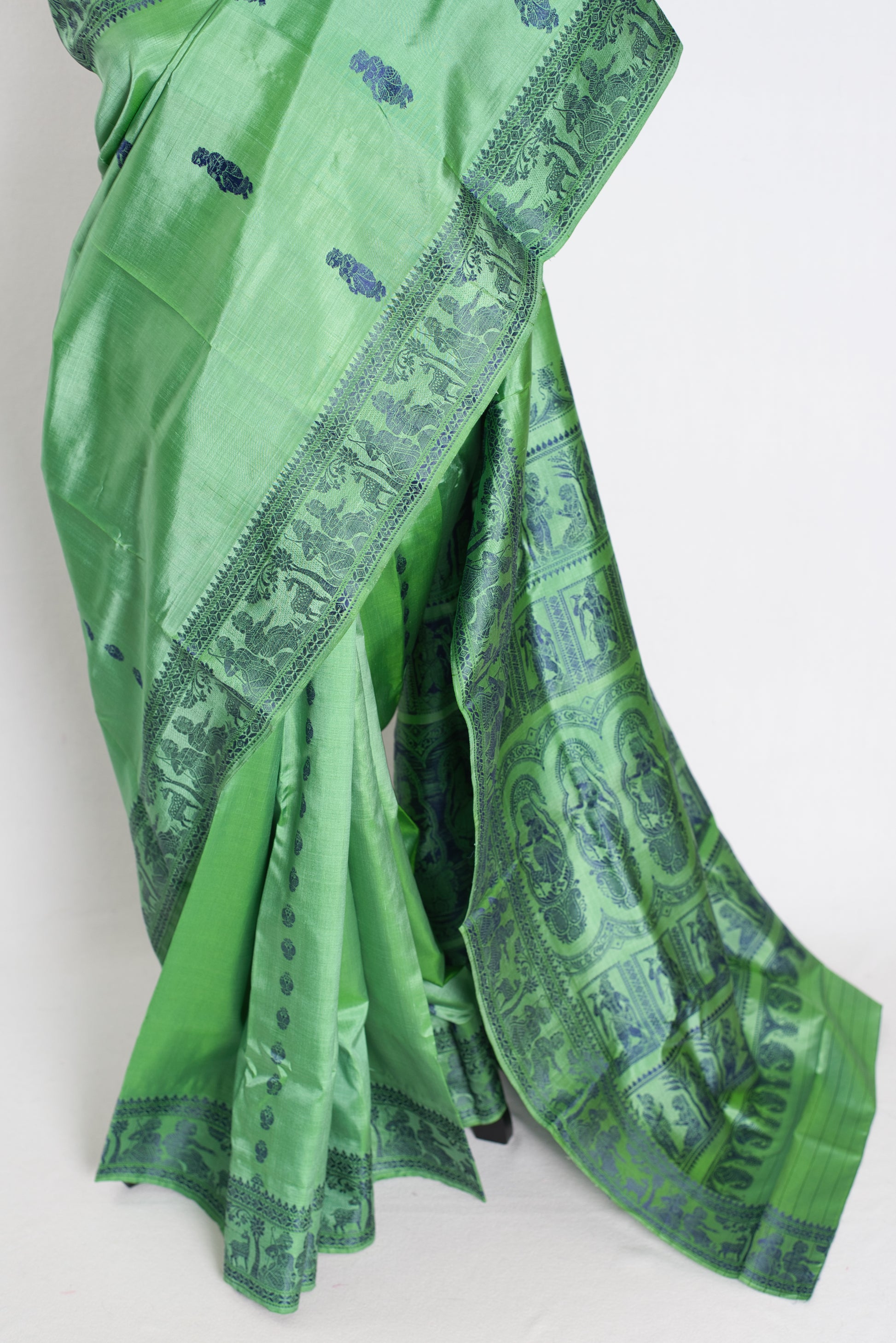 Sriti : Traditional Baluchari Silk Saree from Bengal in Sage Green image 5