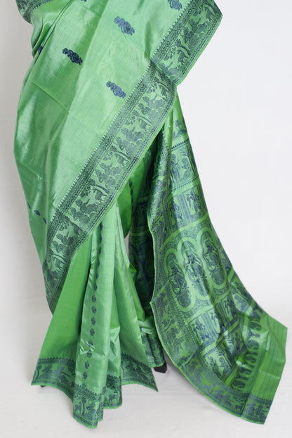 Sriti : Traditional Baluchari Silk Saree from Bengal in Sage Green image 5