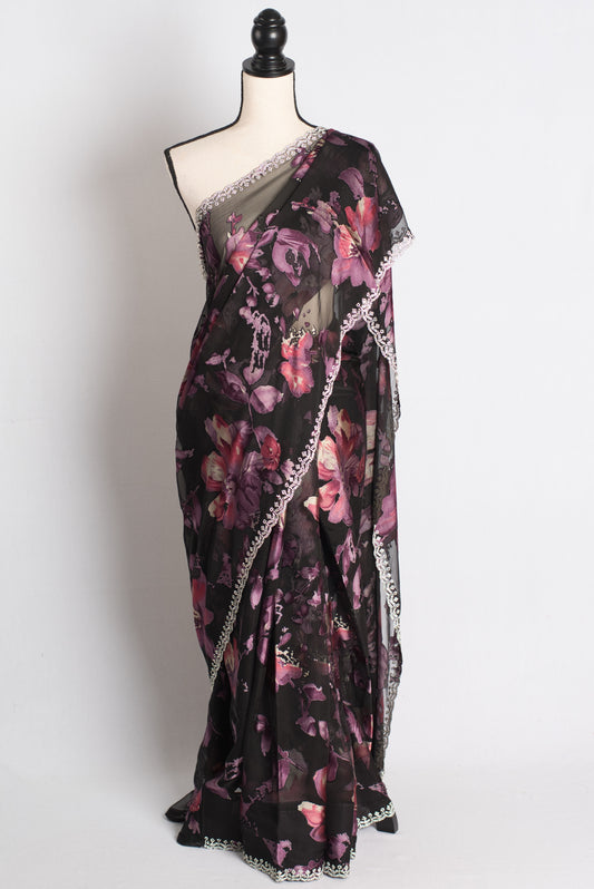 Velvet Mist - Black Floral Brasso Saree with Feather-light Drape image 0