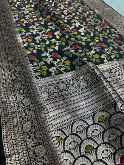 Krishna : Budget Friendly Black Jaal Banarasi Saree in Blended Silk image 1