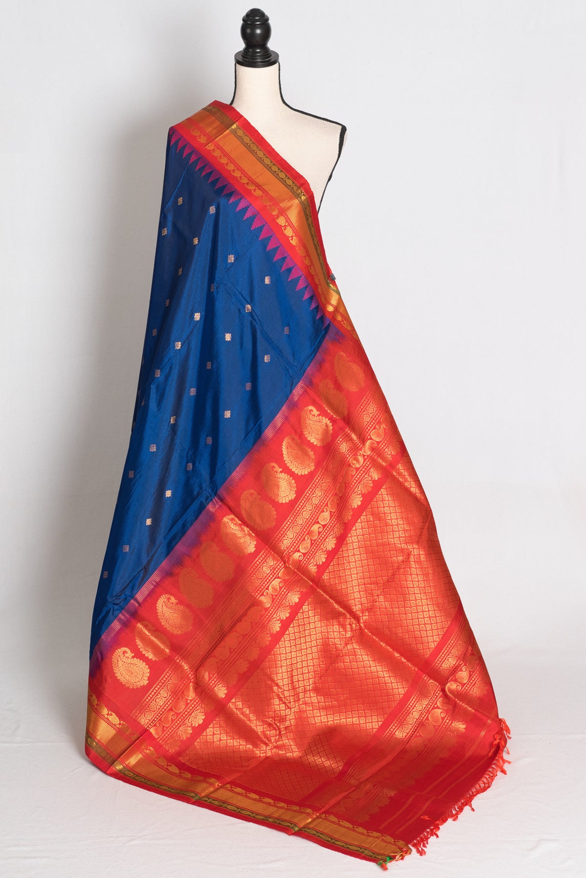 Pooja: Deep Peacock Blue Handloom Gadwal Pure Silk Saree with Red & Gold Zari image 1