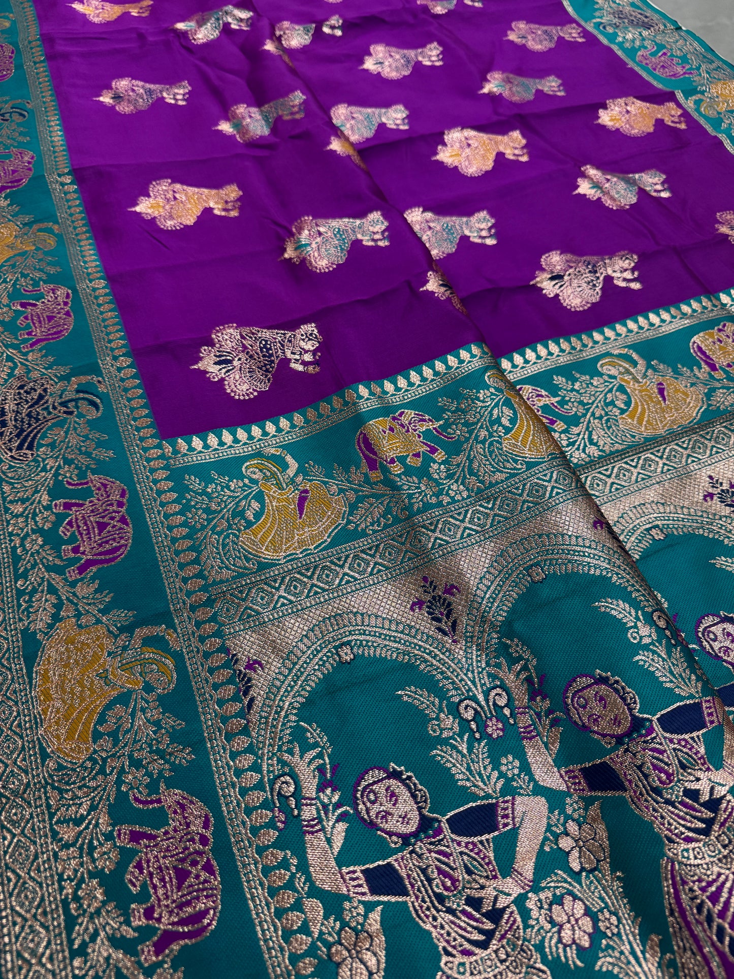 Mohini : Purple and Rama Green Baluchari Saree - Blended Silk from Bengal image 0