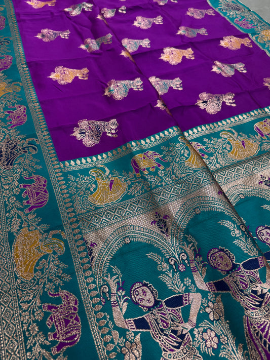 Mohini : Purple and Rama Green Baluchari Saree - Blended Silk from Bengal image 0