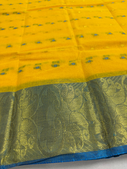 Yellow and Blue Tant saree — drape view