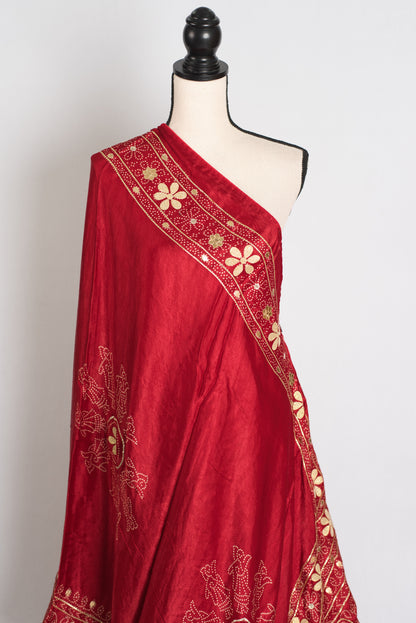 Jiya : Red Modal Silk Bandhani Saree with Gota Patti Work image 4