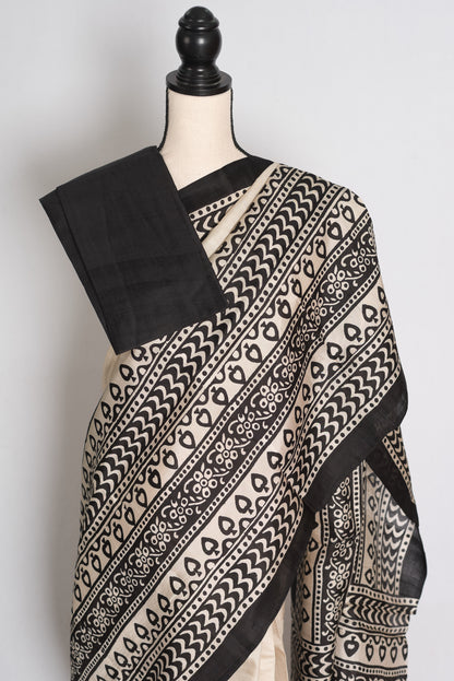 Nandini | Off-White & Black 3-Ply Murshidabad Block Printed Pure Silk Saree image 2