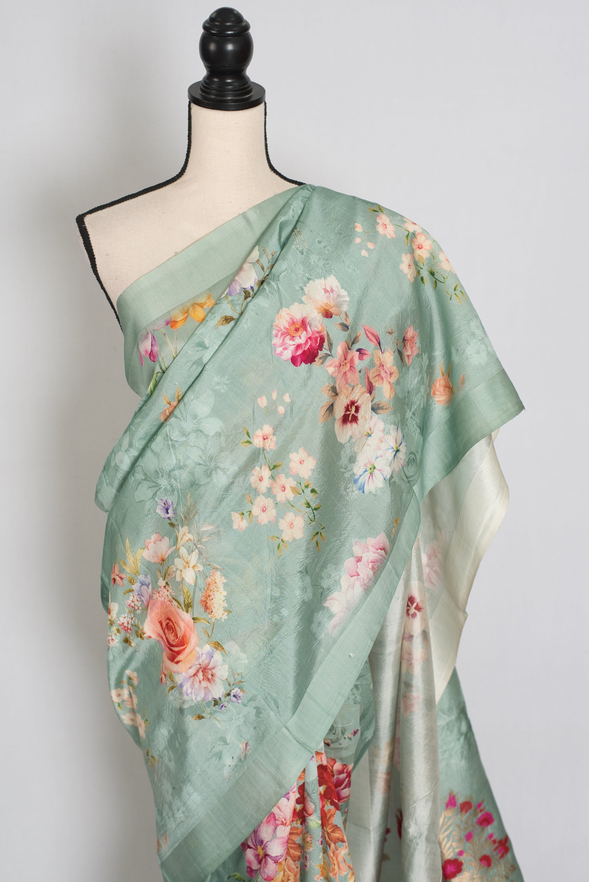 Soma : Sea Green Floral Banarasi Katan Silk Saree with 40 Size Stitched Blouse image 7