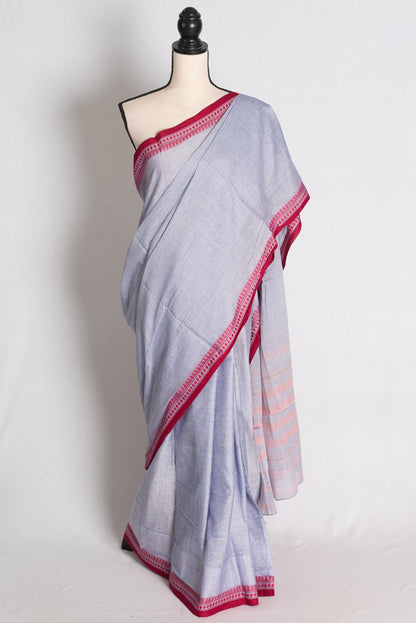 Aruna: Bluish Grey Soft Cotton Dhaniakhali Saree image 0