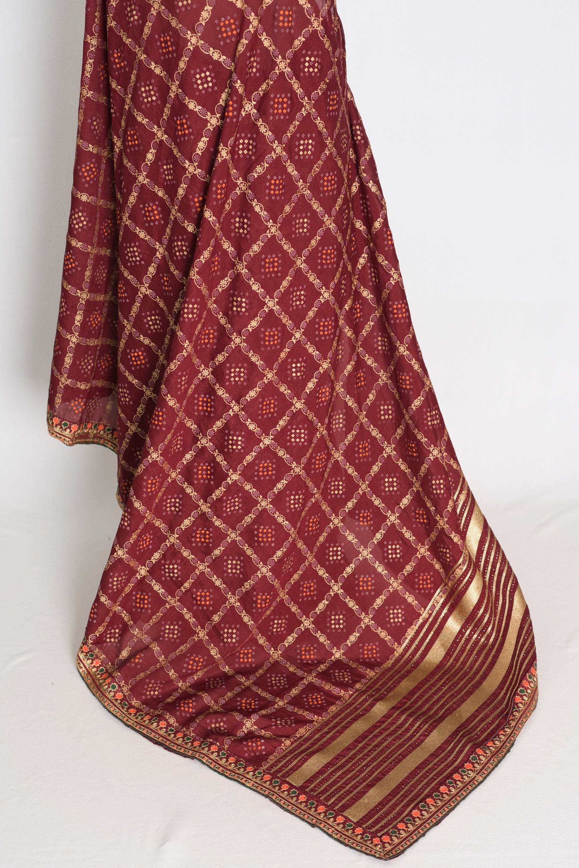 Moni: Maroon Gharchola Saree with Gold Print and Embroidered Border image 3