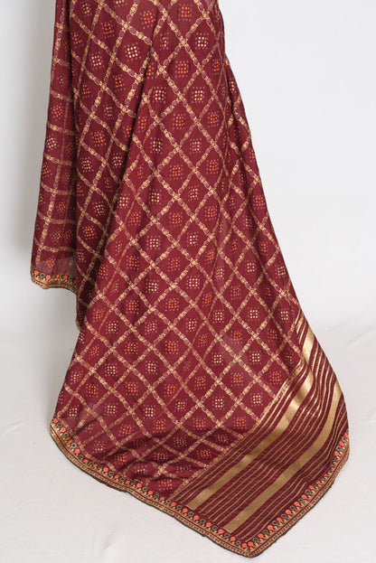 Moni: Maroon Gharchola Saree with Gold Print and Embroidered Border image 3
