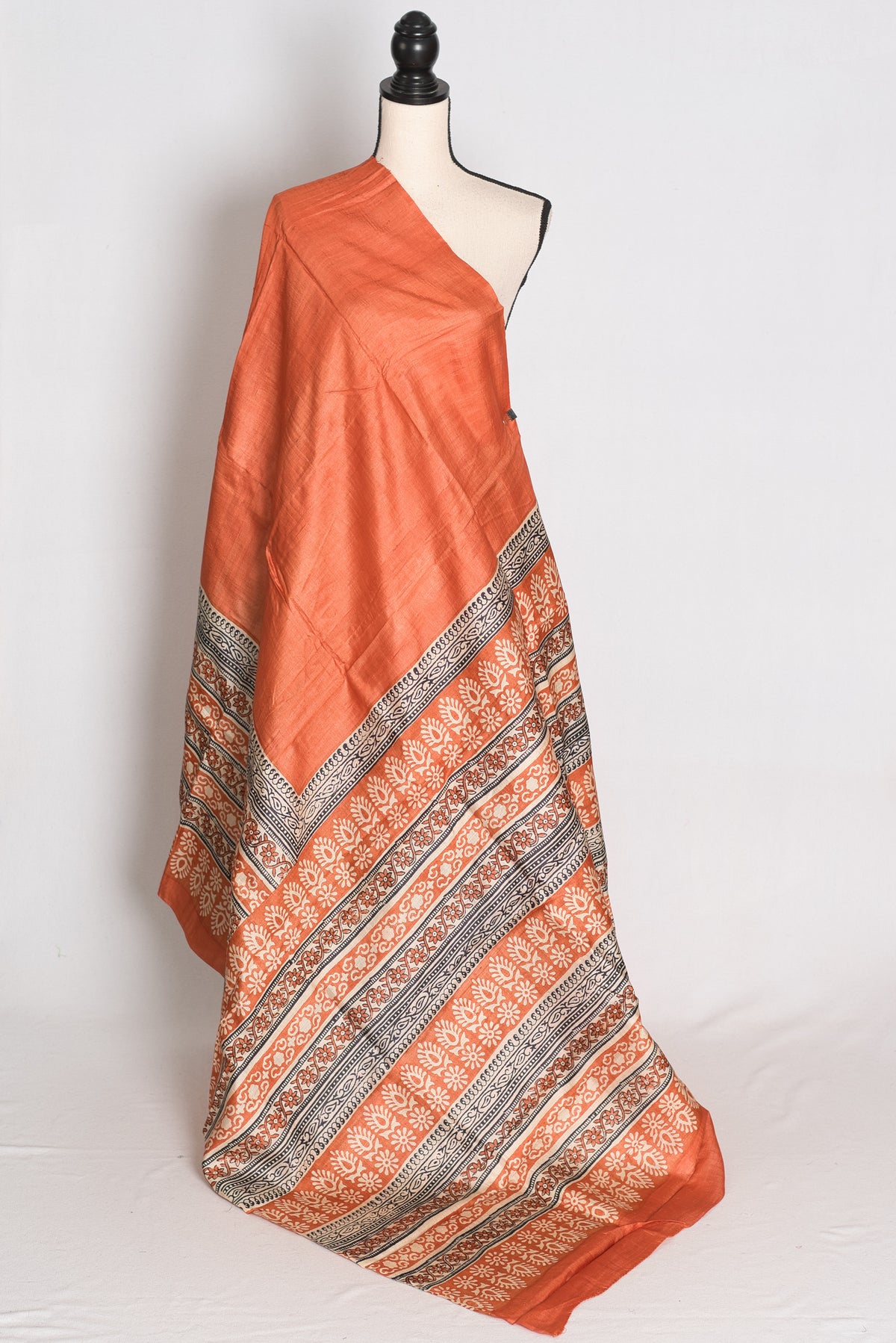 Indu : Orange Block Printed Pure Tussar Silk Saree with 38 Size Blouse image 4