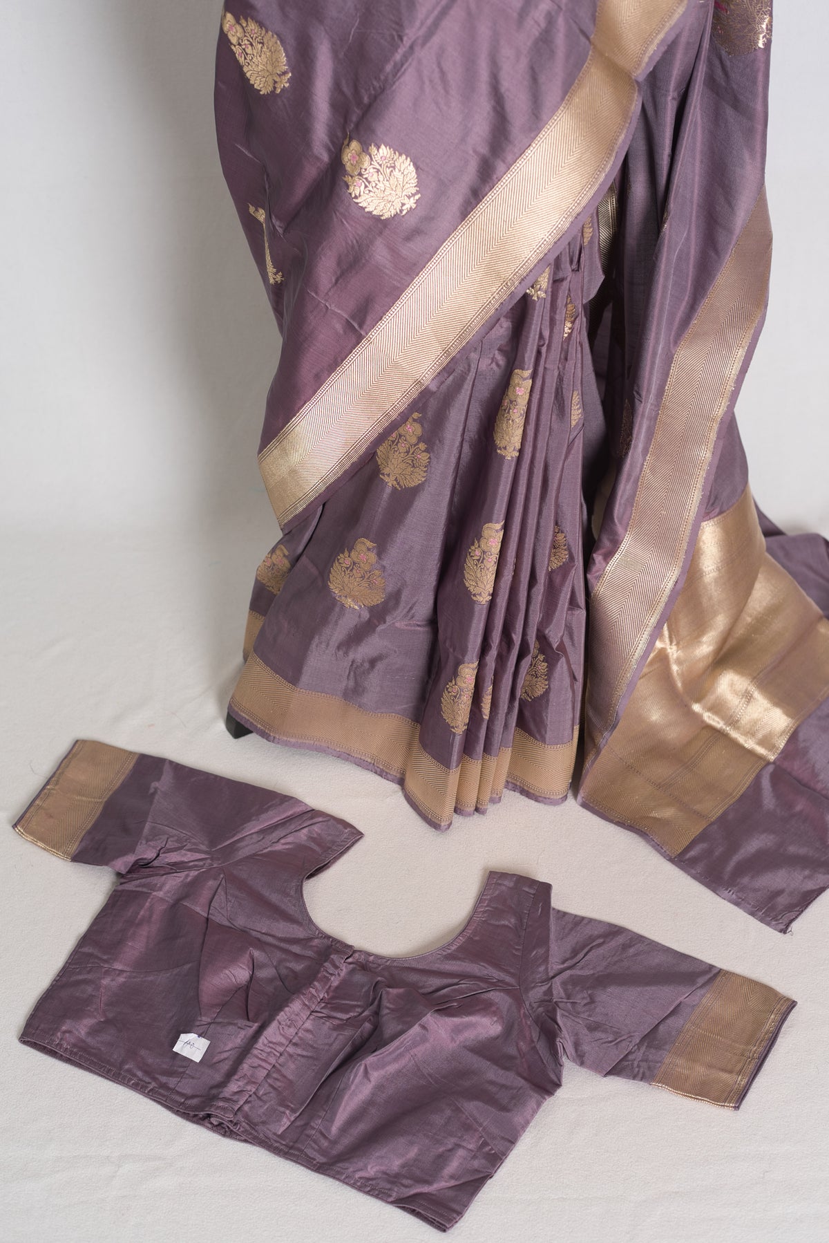 Sudha: Mauve and Gold Banarasi Katan Silk Saree with 40 Size Stitched Blouse image 2