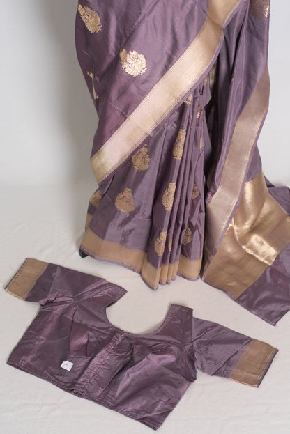 Sudha: Mauve and Gold Banarasi Katan Silk Saree with 40 Size Stitched Blouse image 2