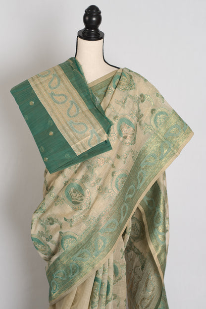 Vandana : Budget Friendly Blended Cotton Banarasi Saree in Beige and Green image 4
