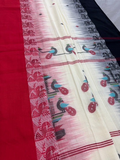 Mitra: Off White Cotton Handloom Saree with Ganga Jamuna Border image 3