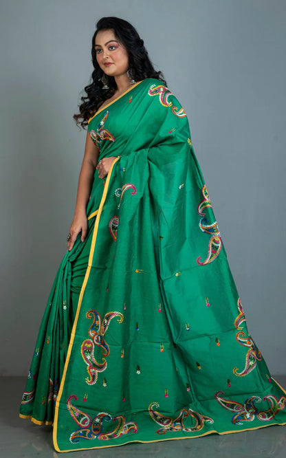 Kashmiri Embroidery Soft Cotton Chanderi Saree in Green.