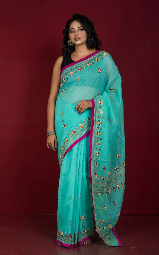 Bullion Stitch Knot Hand Work on Soft Cotton Chanderi Saree in Sea Green.