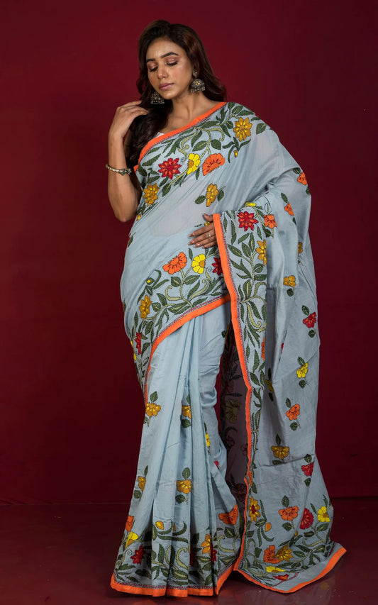 Hand Embroidery Cotton Chanderi Kantha Work Saree in Light Gray.