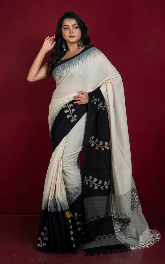 Soft Cotton Saree in Kora White and Black - Bengali Saree Collection.