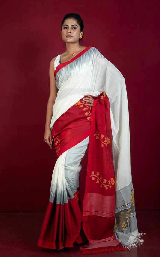 Off White and Dark Red Soft Cotton Saree - Bengali Saree Collection.