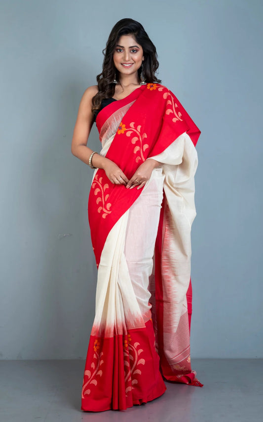 Premium Quality Soft Cotton Saree in Off White - Bengal Saree Collection.