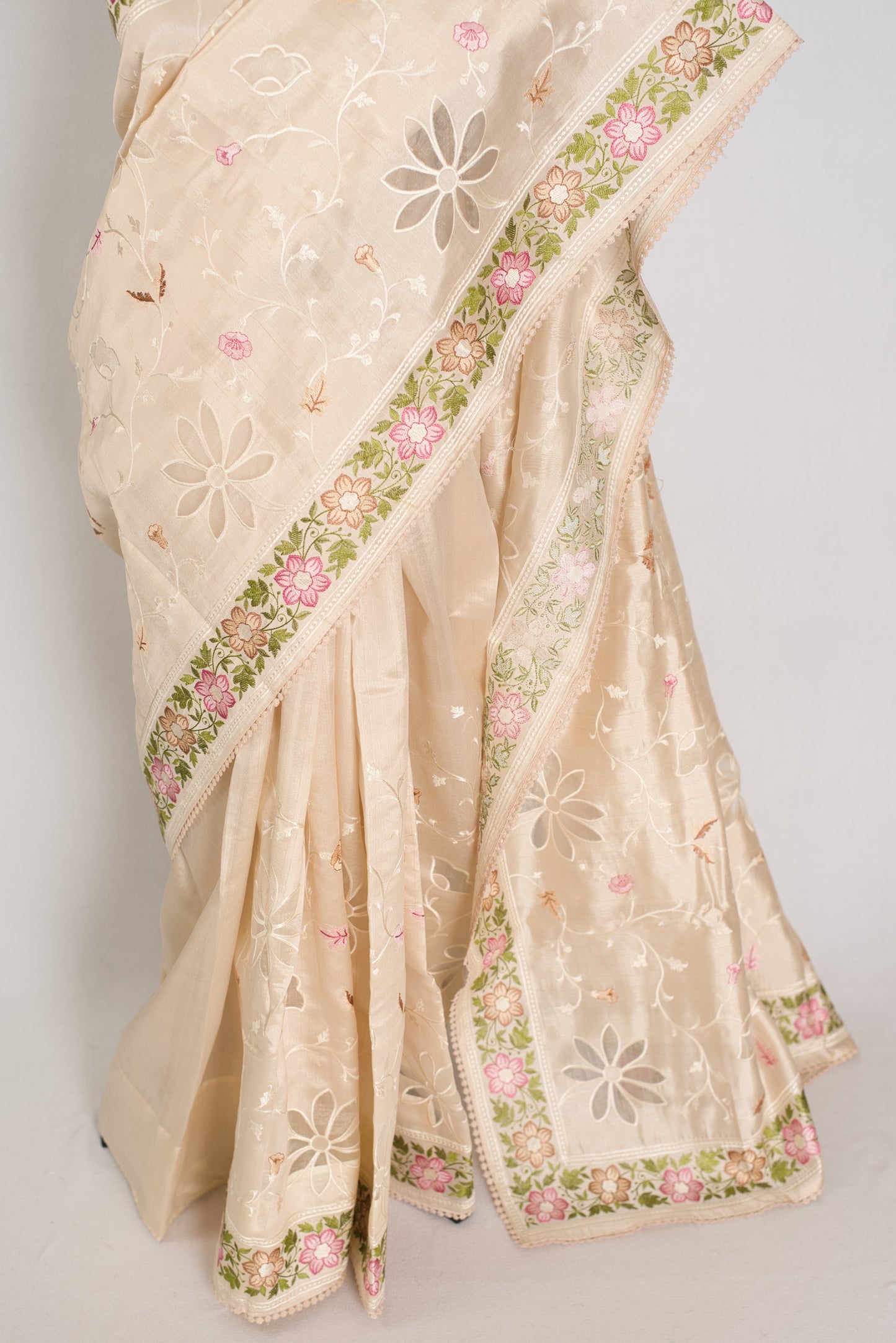 Shreya: Cream Semi Tussar Silk Saree with Multi-Color Cut Work Embroidery image 5